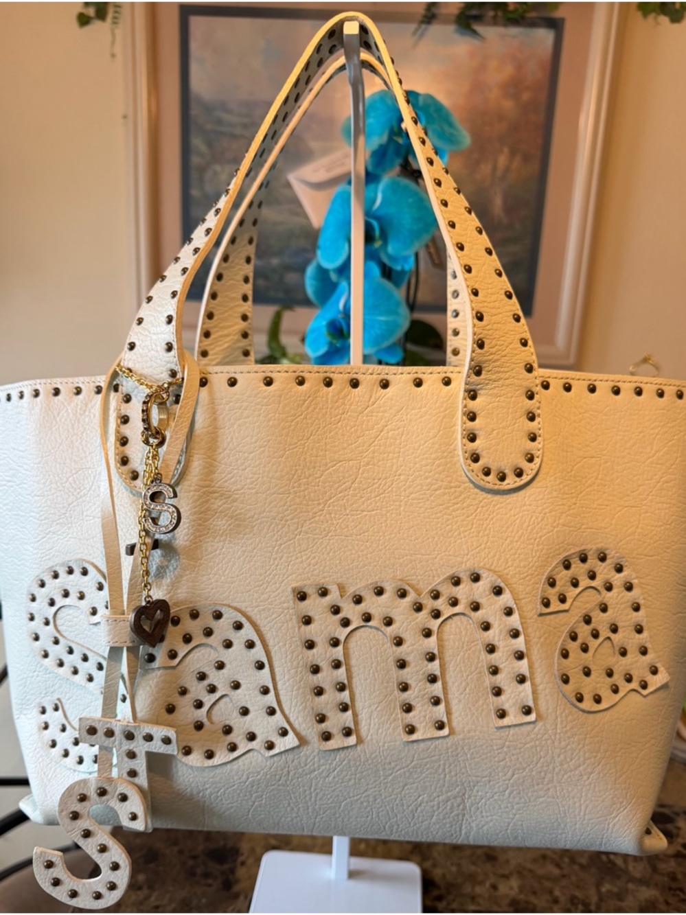 Samantha Thavasa Studded Cream Tote Bag with Charm